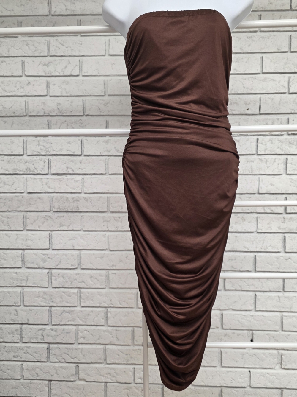 Almost Famous Brown Strapless Ruched Bodycon Midi Dress | Women's Medium
